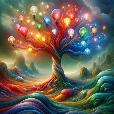 The primary subject of the image is a large, colorful tree with many lights on it. The tree is surrounded by a vibrant, swirling background that adds to the overall atmosphere of the scene. The visual style of the image is digital art, as it appears to be a painting or drawing created using digital tools. The colors and mood of the image are lively and energetic, with the bright lights and swirling patterns creating a sense of movement and excitement.